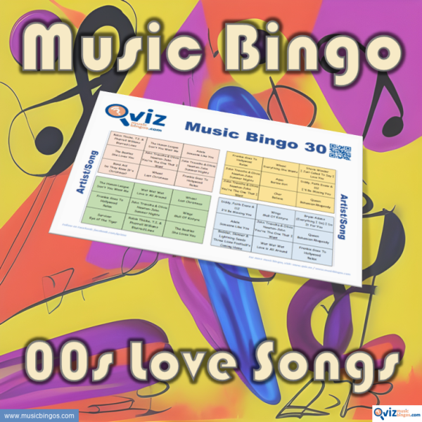 Music bingo with 30 classic love songs from the 2000s. PDF file with 100 bingo boards and link to Spotify playlist is included.