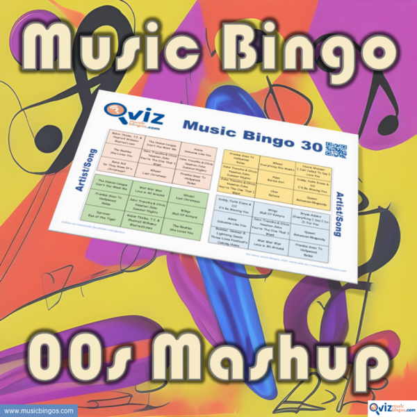 Music bingo with a mashup of songs from the 2000s from different genres. PDF file with 100 bingo boards and link to Spotify playlist is included.