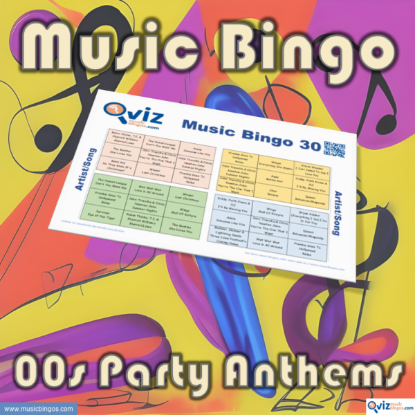 Music bingo with 30 of the best 00s party anthems! Get ready to dance and sing along to the biggest hits of the decade. PDF with 100 cards included.