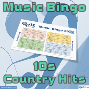 Music bingo with 30 country songs from the 2010s. PDF file with 100 bingo boards and link to Spotify playlist is included.