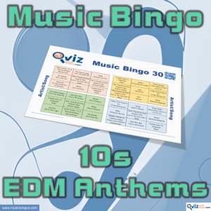 Music bingo with 30 of the biggest 10s EDM anthems! These electrifying hits will get you moving and grooving to the beat. PDF with 100 cards included.