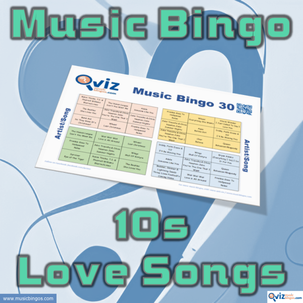 Music bingo with 30 classic love songs from the 2010s. PDF file with 100 bingo boards and link to Spotify playlist is included.