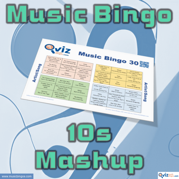 Music bingo with a mashup of songs from the 2010s from different genres. PDF file with 100 bingo boards and link to Spotify playlist is included.