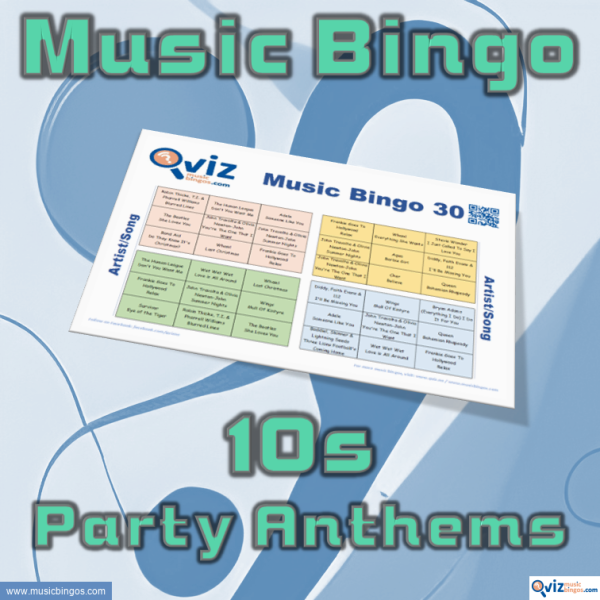 Music bingo with 30 of the best 10s party anthems! Get ready to dance and sing along to the biggest hits of the decade. PDF with 100 cards included.