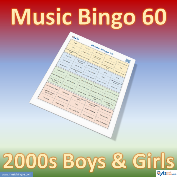 Music bingo with 60 well-known songs from the 2000s. Access to PDF file with 100 bingo boards and link to Spotify playlist.