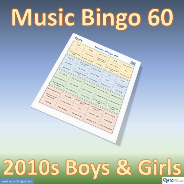Music bingo with 60 well-known songs from the 2010s. Access to PDF file with 100 bingo boards and link to Spotify playlist.