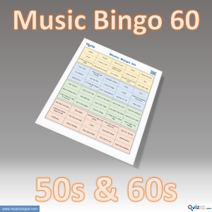 Music bingo with 60 well-known songs from the 1950s and 1960s. Access to PDF file with 100 bingo boards and link to Spotify playlist.