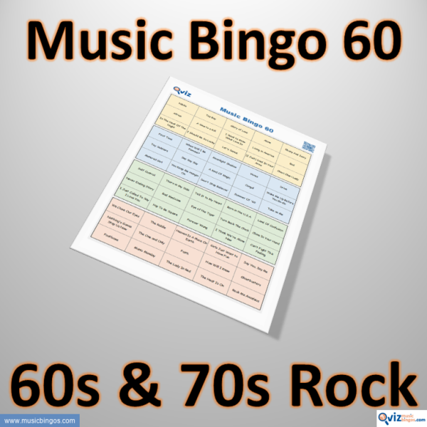Music bingo with 60 famous rock songs from the 1960s and 1970s. Access to PDF file with 100 bingo boards and link to Spotify playlist.