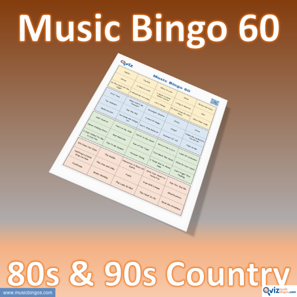 Music bingo with 60 country songs from the 1980s and 1990s. Access to PDF file with 100 bingo boards and link to Spotify playlist.