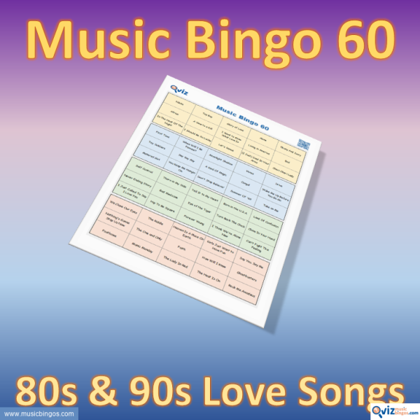 Music bingo with 60 calm songs from the 1980s and 1990s. Access to PDF file with 100 bingo boards and link to Spotify playlist.