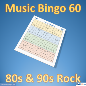 Music bingo with 60 famous rock songs from the 1980s and 1990s. Access to PDF file with 100 bingo boards and link to Spotify playlist.