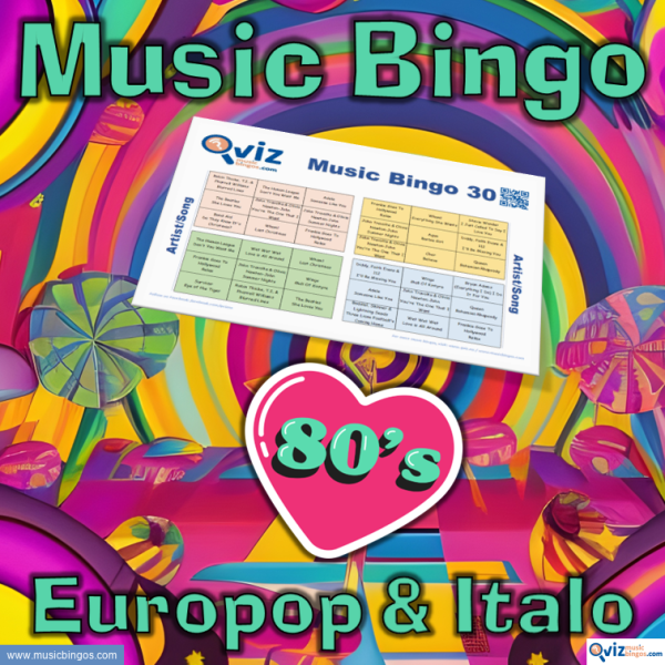 Music bingo with 30 of the most iconic 80s Europop and Italo disco hits! These catchy tunes will get you singing along. PDF with 100 cards included.