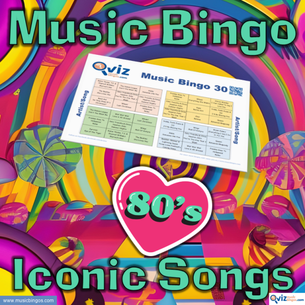 Music bingo with 30 of the most iconic 80s songs! These hits will take you back to the unforgettable moments of the decade. PDF with 100 cards included.