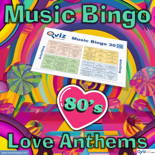 Music bingo with 30 classic love songs from the 1980s. PDF file with 100 bingo boards and link to Spotify playlist is included.
