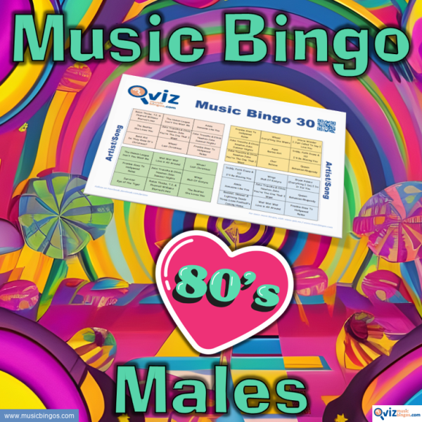 Music bingo with 30 songs from the 1980s performed by male artists. PDF file with 100 bingo boards and link to Spotify playlist is included.