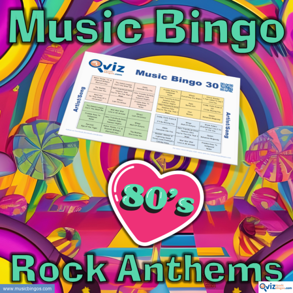 Music bingo with 30 of the most epic 80s rock anthems! Get ready to rock out to some of the biggest hits of the decade. PDF with 100 cards included.