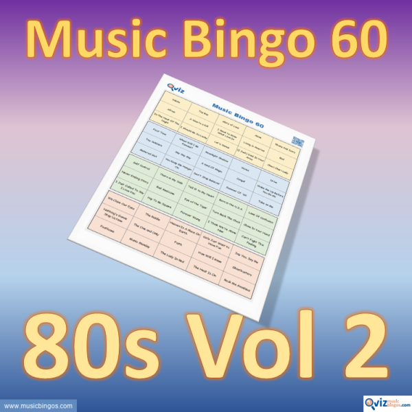 Music bingo with 60 well-known songs from the 1980s. Access to PDF file with 100 bingo boards and link to Spotify playlist.