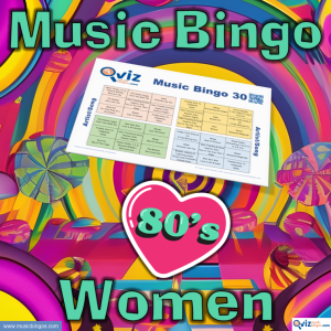 Music bingo with 30 songs from the 1980s performed by female artists. PDF file with 100 bingo boards and link to Spotify playlist is included.
