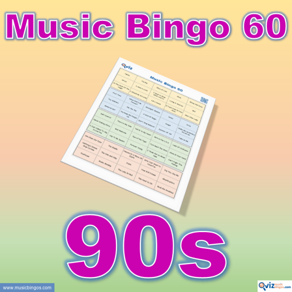 Music bingo with 60 chart-topping hits from the 90s! Get ready to travel back in time and relive the era. PDF file with 100 bingo boads included.