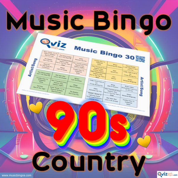 Music bingo with 30 of the most beloved 90s country songs! From heartfelt ballads to upbeat honky-tonk hits. PDF with 100 cards included.