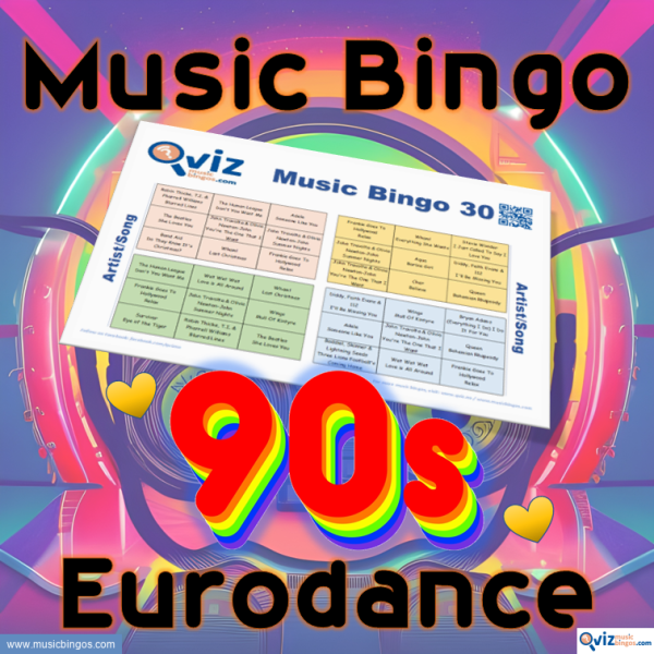 Music bingo with 30 of the best 90s Eurodance hits! From infectious beats to catchy hooks! PDF file with 100 bingo boards and link to playlist is included.