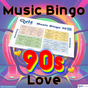 Music bingo with 30 classic love songs from the 1990s. PDF file with 100 bingo boards and link to Spotify playlist is included.