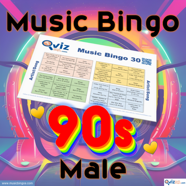 Music bingo with 30 songs from the 1990s performed by male artists. PDF file with 100 bingo boards and link to Spotify playlist is included.