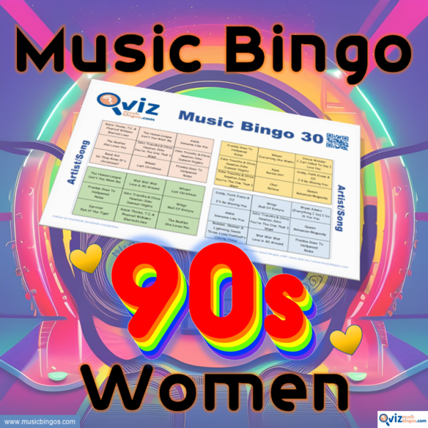 Music bingo with 30 songs from the 1990s performed by female artists. PDF file with 100 bingo boards and link to Spotify playlist is included.