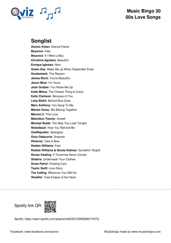 00s Love Songs - Music Bingo 30 - Image 3
