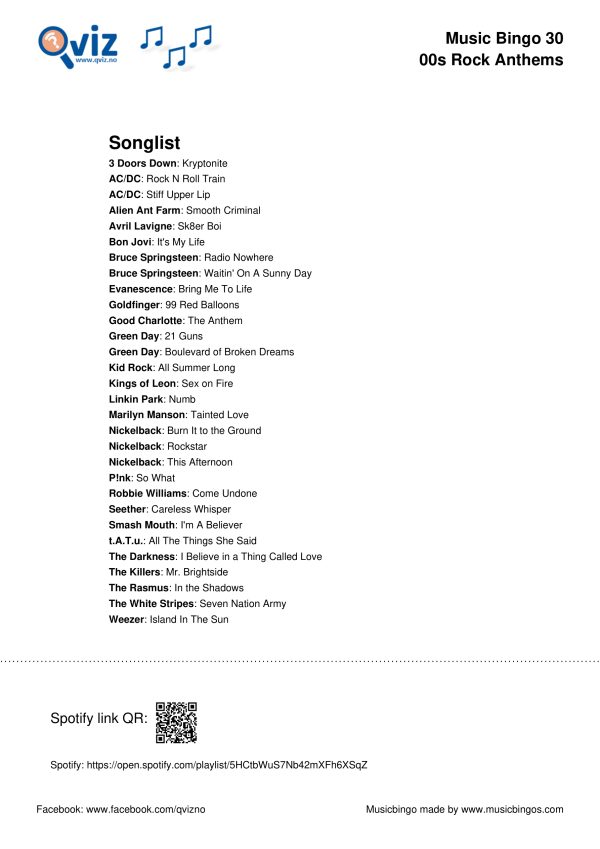 00s Rock Anthems - Music Bingo 30 - Image 3