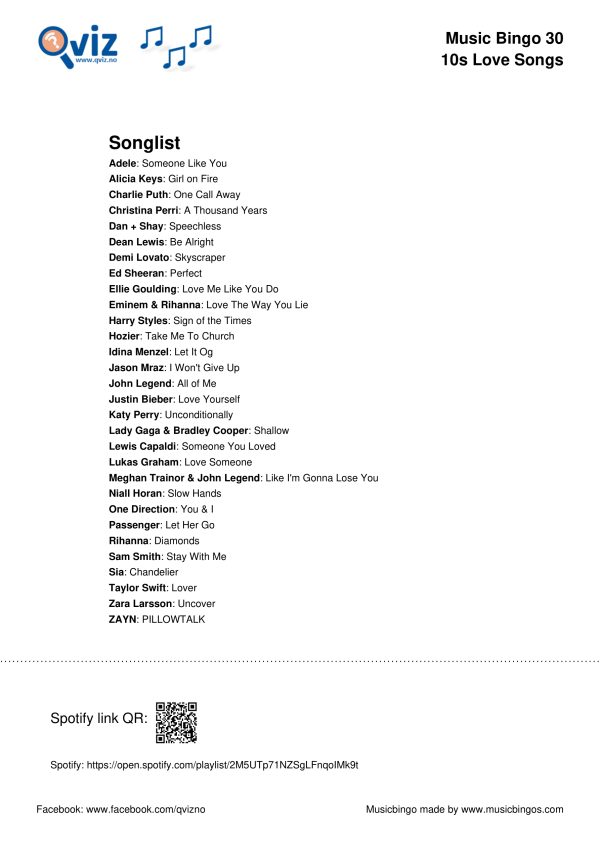 10s Love Songs - Music Bingo 30 - Image 3