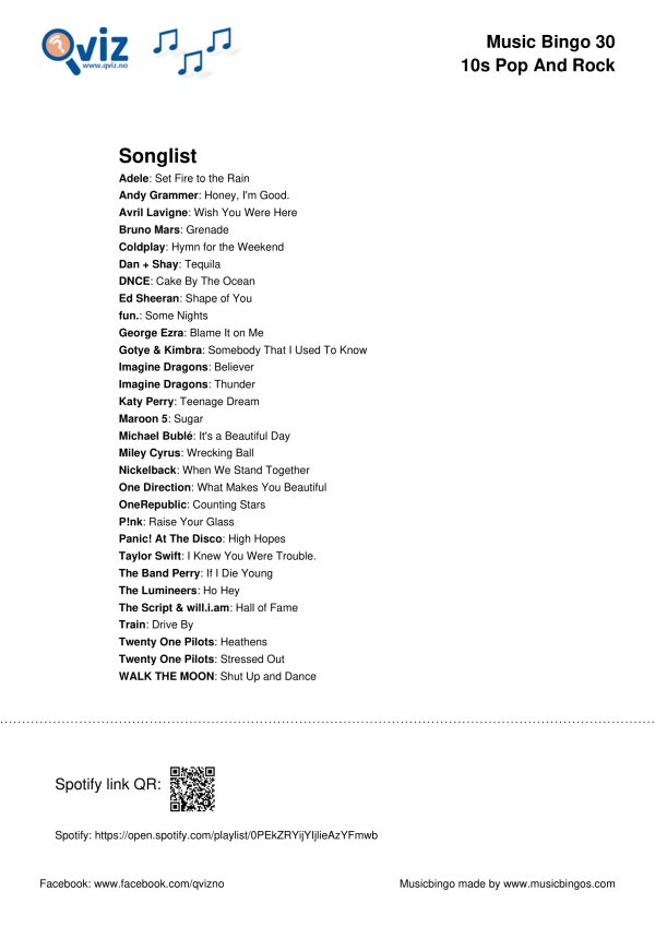 10s Pop and Rock - Music Bingo 30 - Image 3