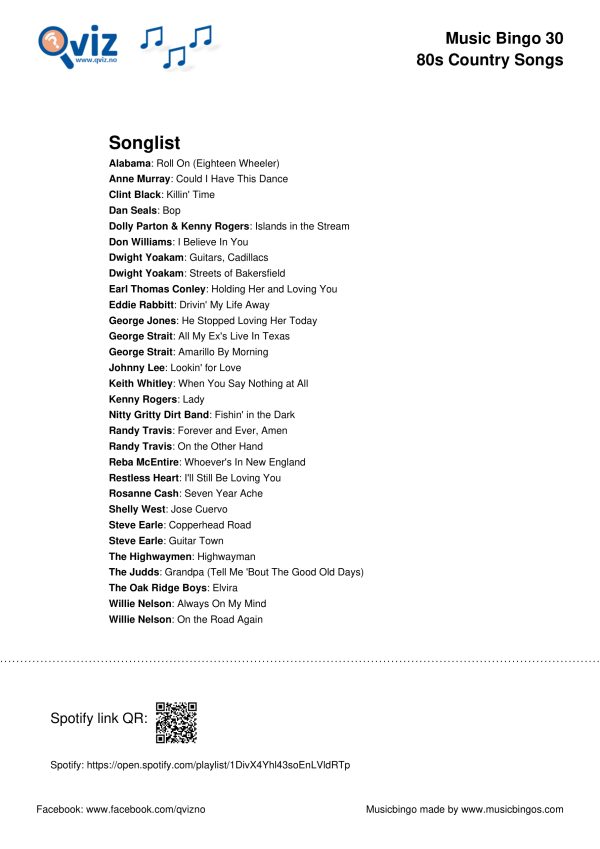 80s Country Songs - Music Bingo 30 - Image 3