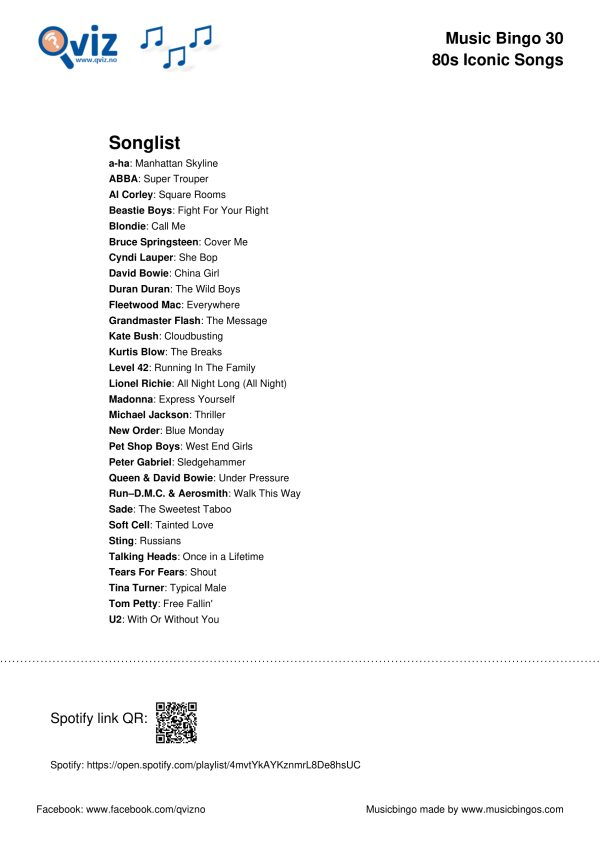 80s Iconic Songs - Music Bingo 30 - Image 3