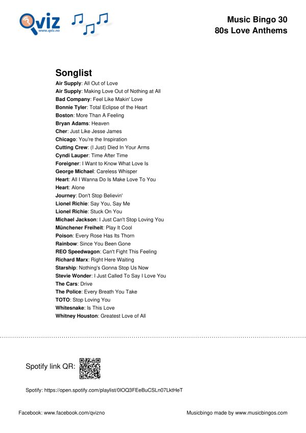 80s Love Anthems - Music Bingo 30 - Image 3