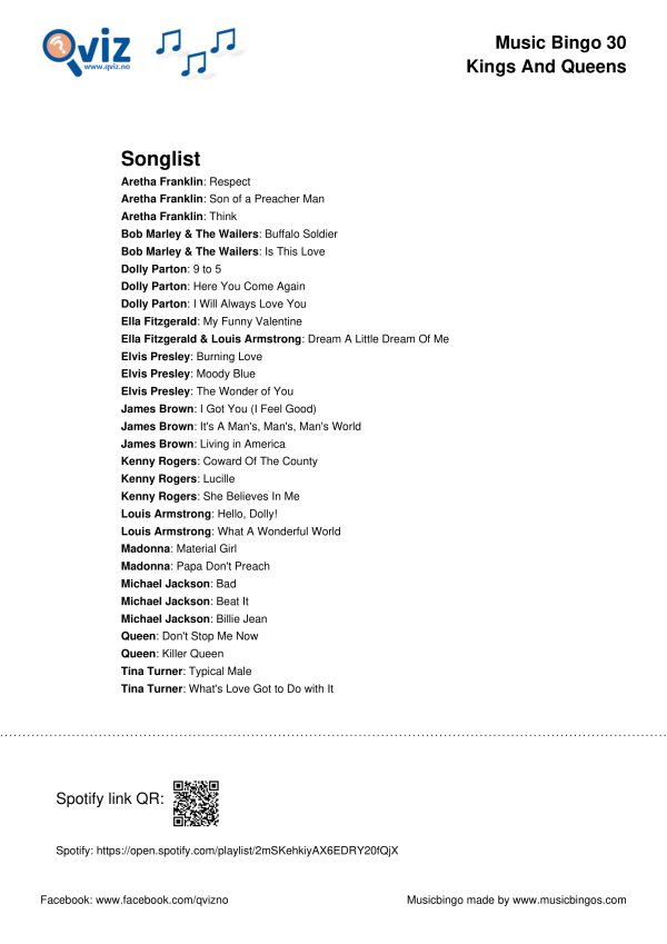 Kings and Queens - Music Bingo 30 - Image 3