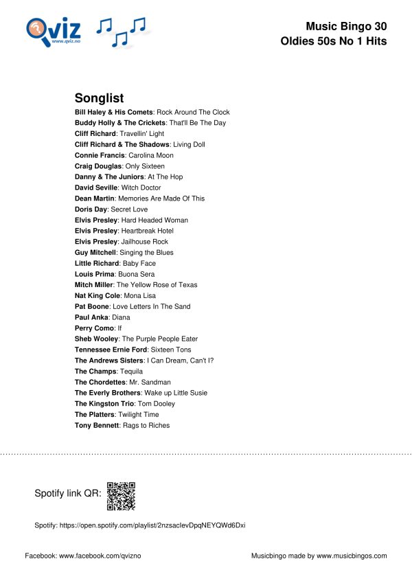 Oldies 50s No #1 Hits - Music Bingo 30 - Image 3