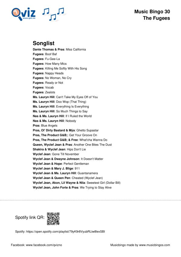 The Fugees - Music Bingo 30 - Image 3