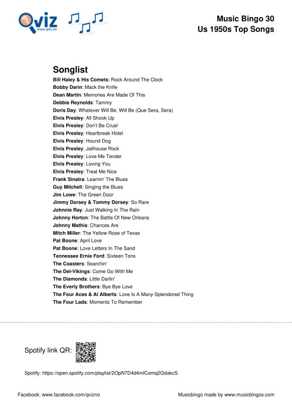 US 1950s Top Songs - Music Bingo 30 - Image 3