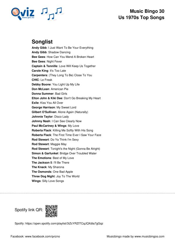 US 1970s Top Songs - Music Bingo 30 - Image 3