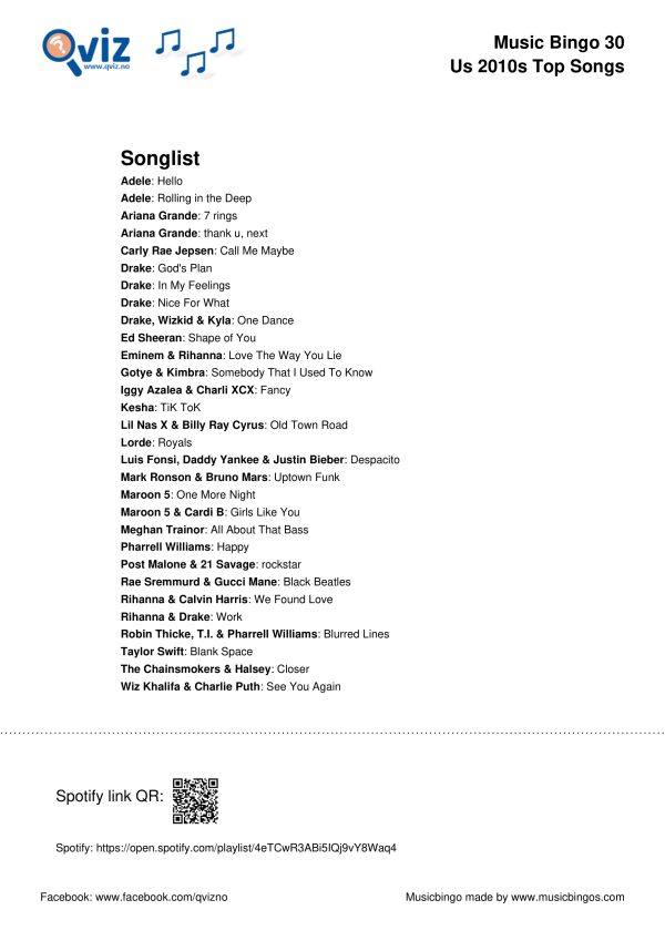 US 2010s Top Songs - Music Bingo 30 - Image 3