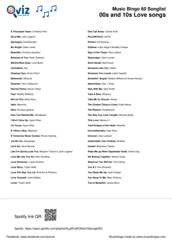 00s and 10s Love songs - Music Bingo 60 - Image 3