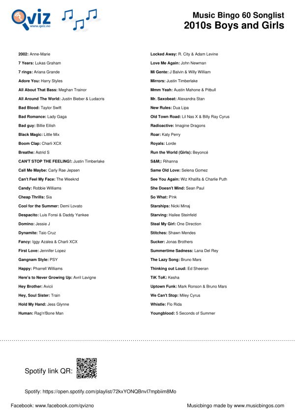 2010s Boys and Girls - Music Bingo 60 - Image 3