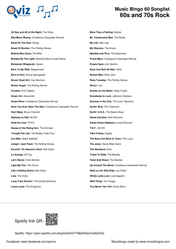 60s and 70s Rock - Music Bingo 60 - Image 3