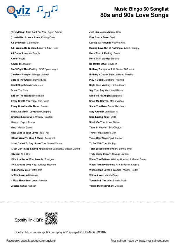 80s and 90s Love Songs - Music Bingo 60 - Image 3