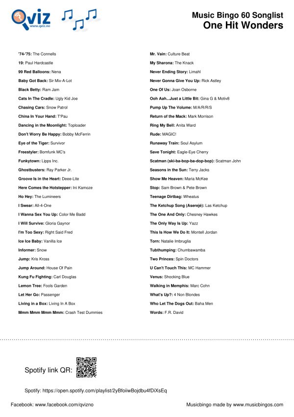 One Hit Wonders - Music Bingo 60 - Image 3