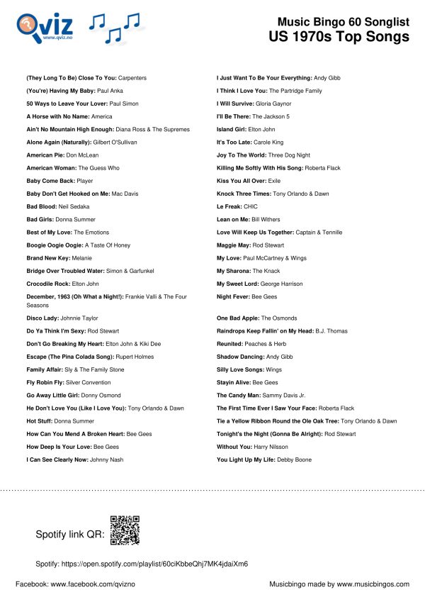 US 1970s Top Songs - Music Bingo 60 - Image 3