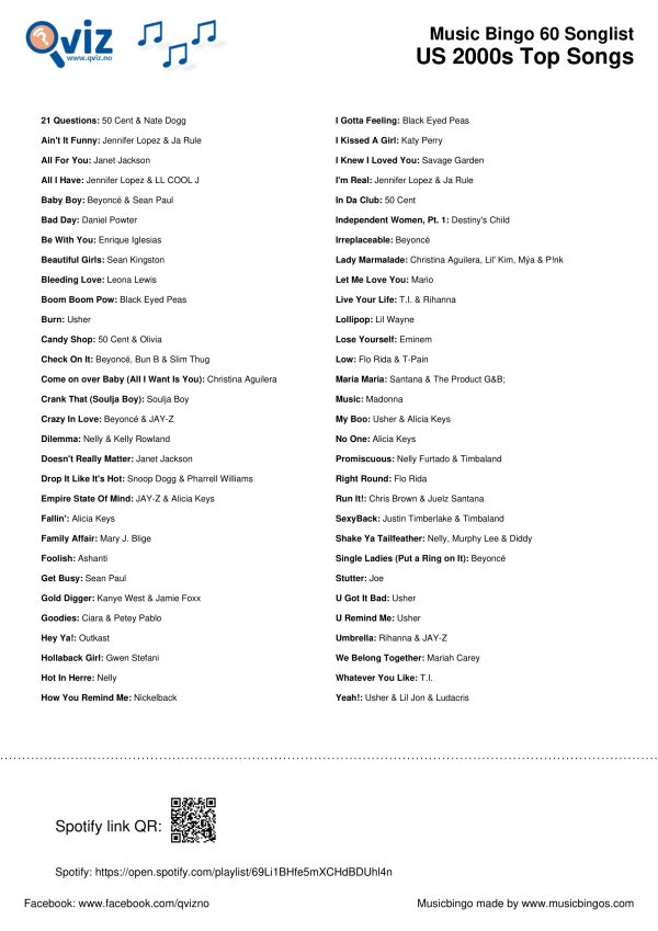 US 2000s Top Songs - Music Bingo 60 - Image 3