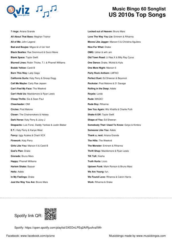 US 2010s Top Songs - Music Bingo 60 - Image 3