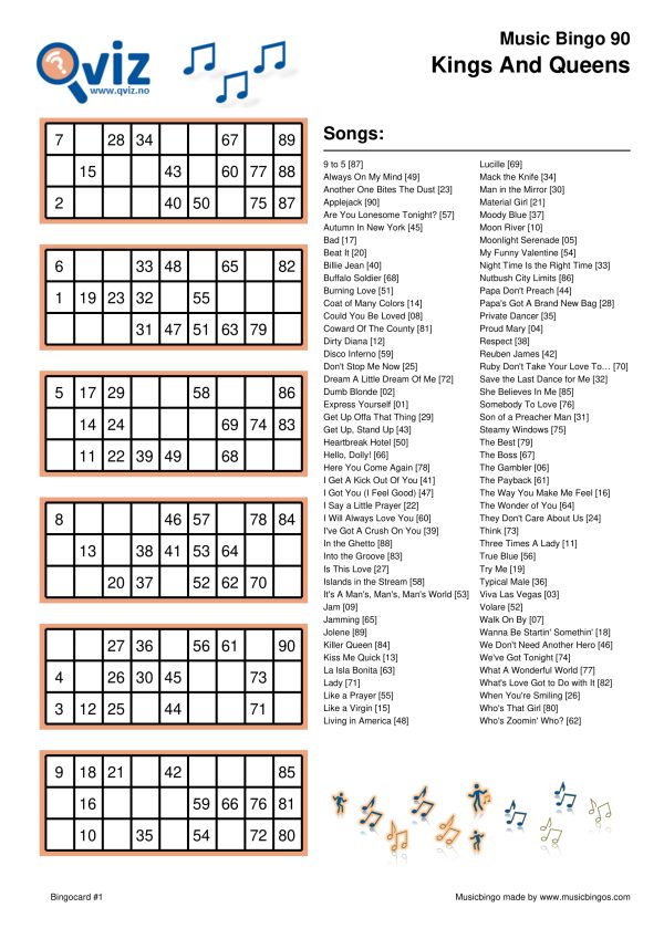 Kings and Queens - Music Bingo 90 - Image 2